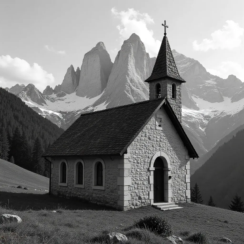 Monochrome Church Against South Tyrolean Dolomites