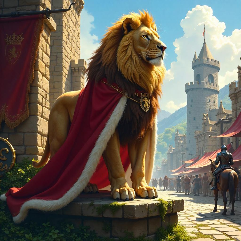 Regal Lion in a Medieval Digital Scene