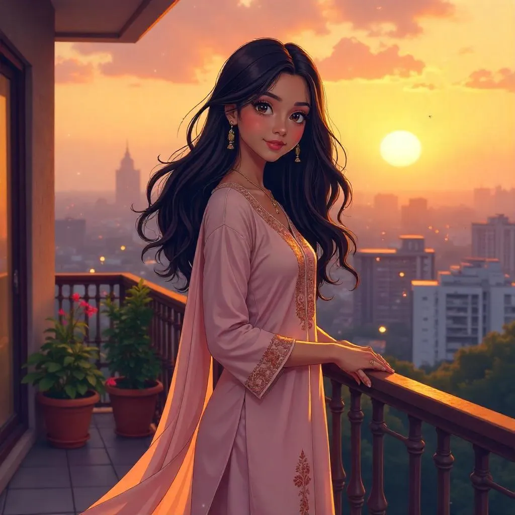 Anime Indian Woman on Balcony at Sunset