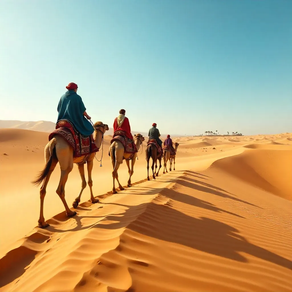 Camel Caravan across Golden Sahara Dunes at Midday