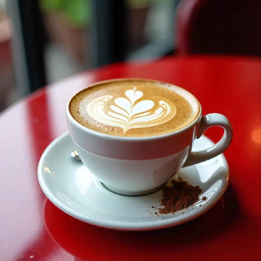 Intricate Latte Art on a Vibrant Red Table