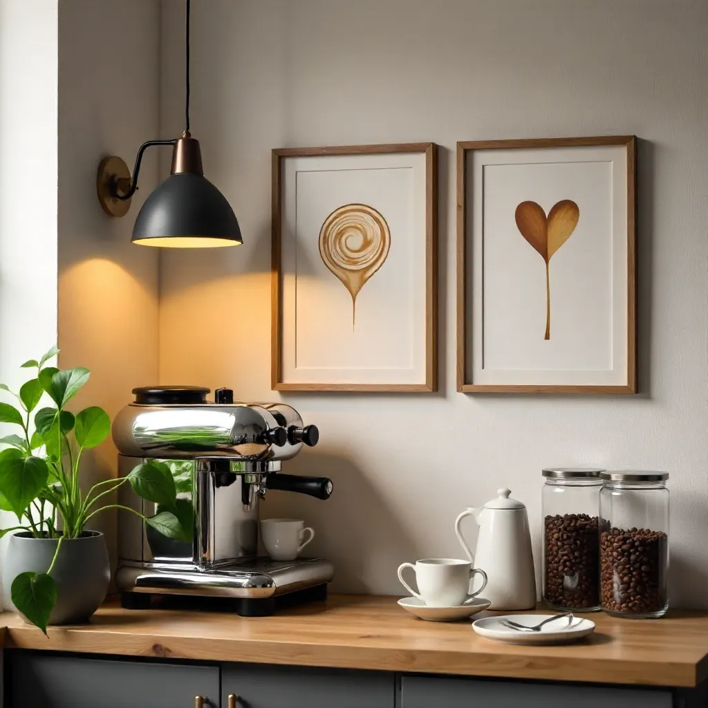 Stylish Coffee Corner with Espresso Machine and Latte Art