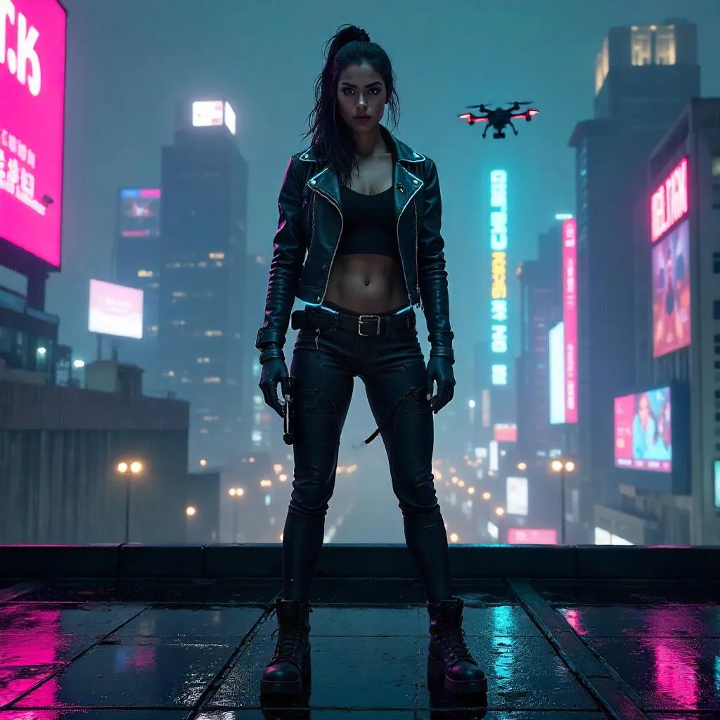Confident Latina on a Neon Cyberpunk Rooftop