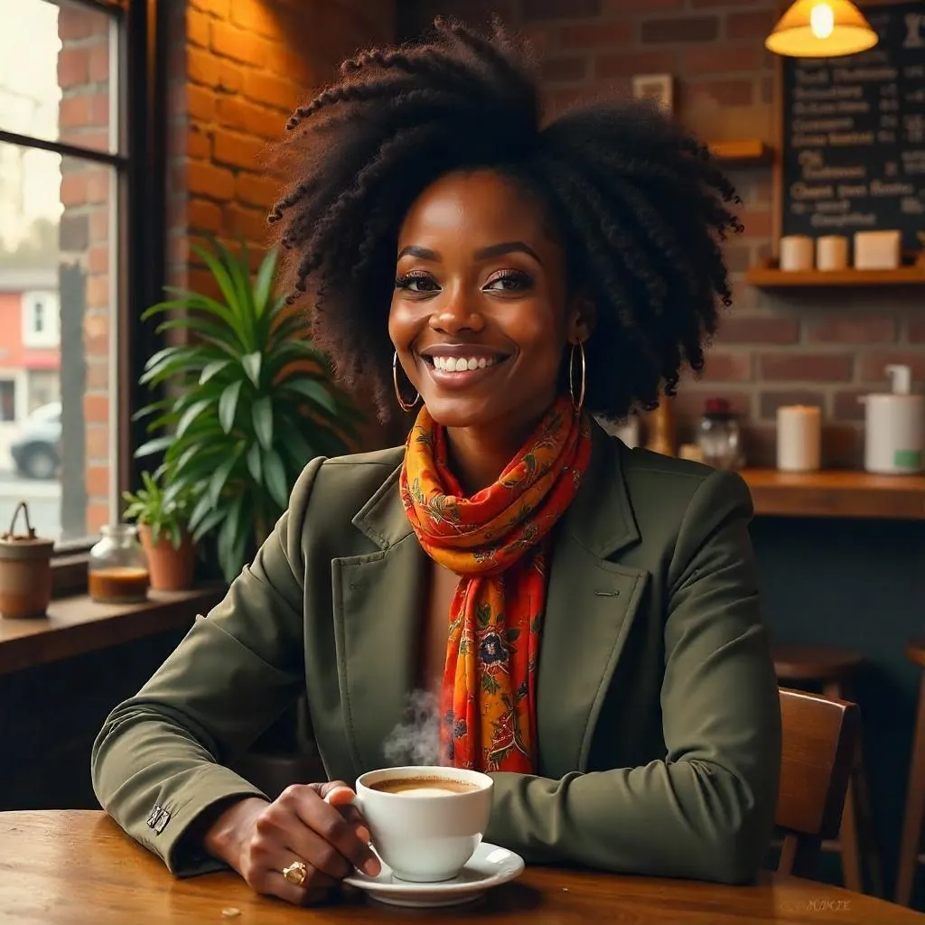 Confident Black Woman in an Oil Portrait at a Coffee Shop