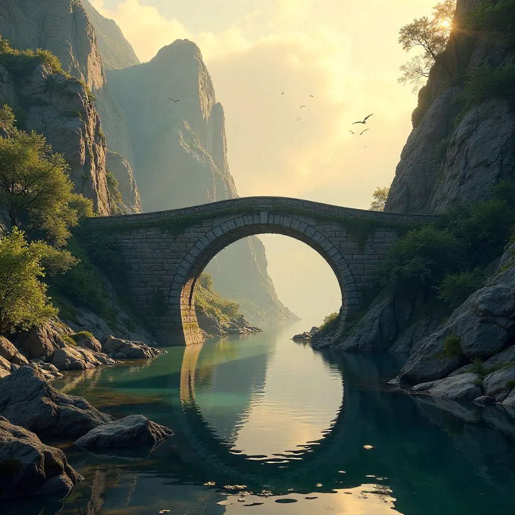 Timeless Stone Bridge Over a Serene River in Rugged Landscape