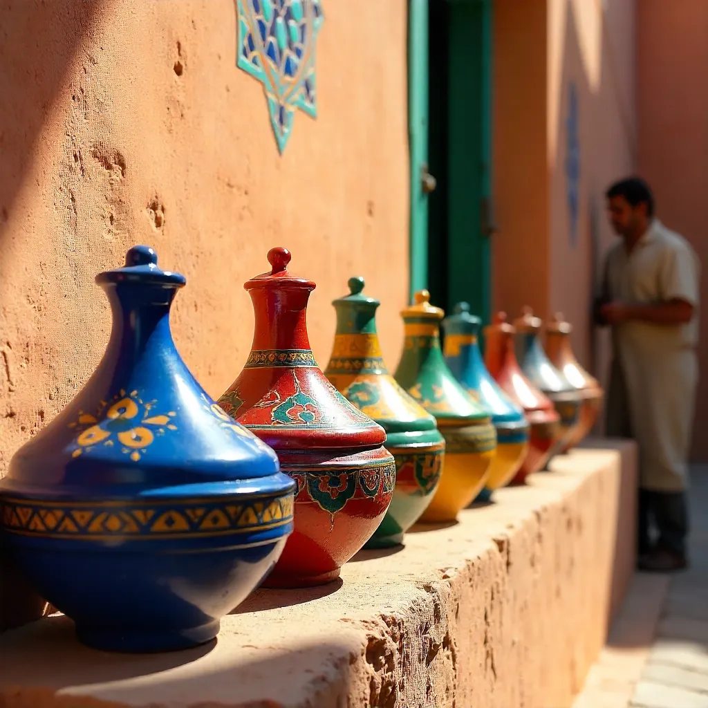 Vibrant Moroccan Pottery on a Colorful Wall