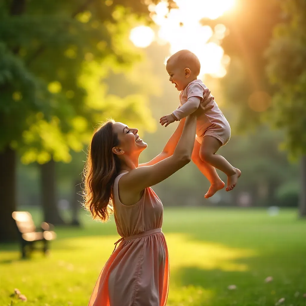 Joyful Mother Lifts Baby in a Sunlit Park