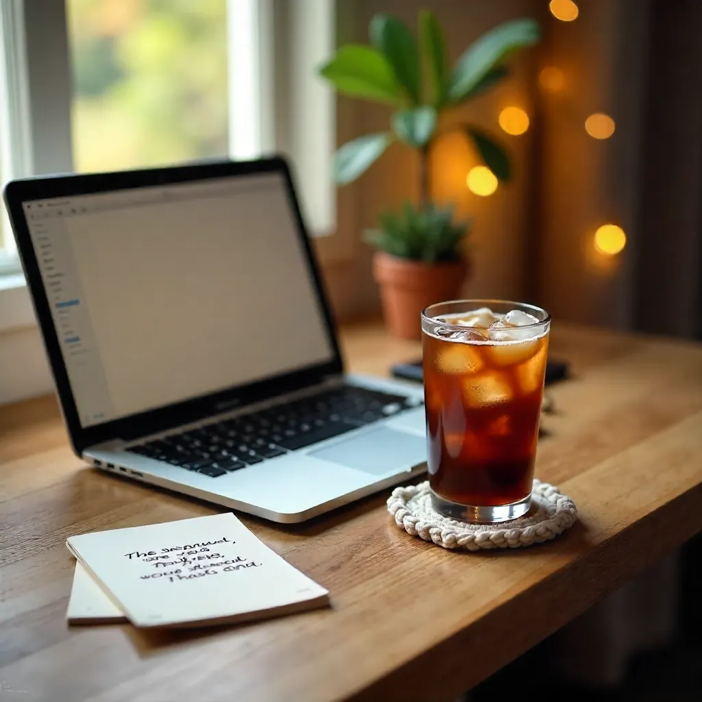 Cozy Desk Setup with Laptop, Iced Coffee, Motivational Note