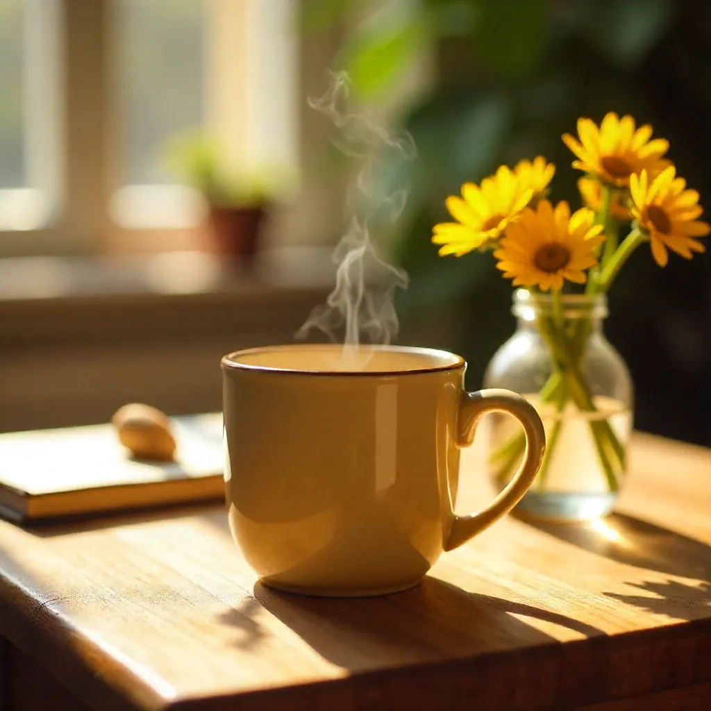 Cozy Coffee Moment with Yellow Flowers