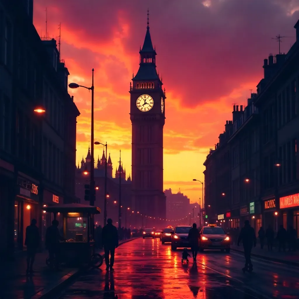 Sunset Silhouette: Clock Tower and City Street