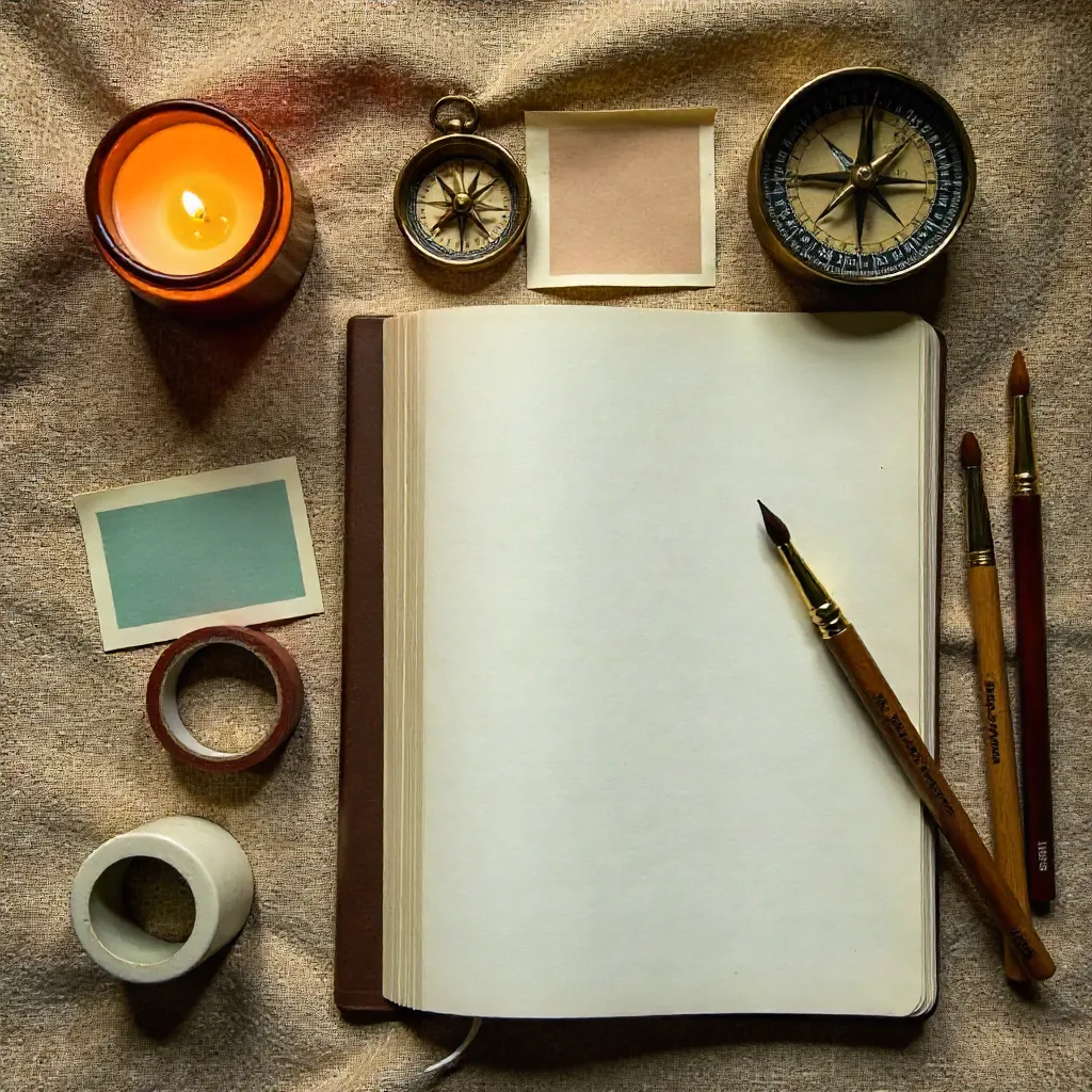Warm Flat Lay: Candle, Compass, and Creative Supplies