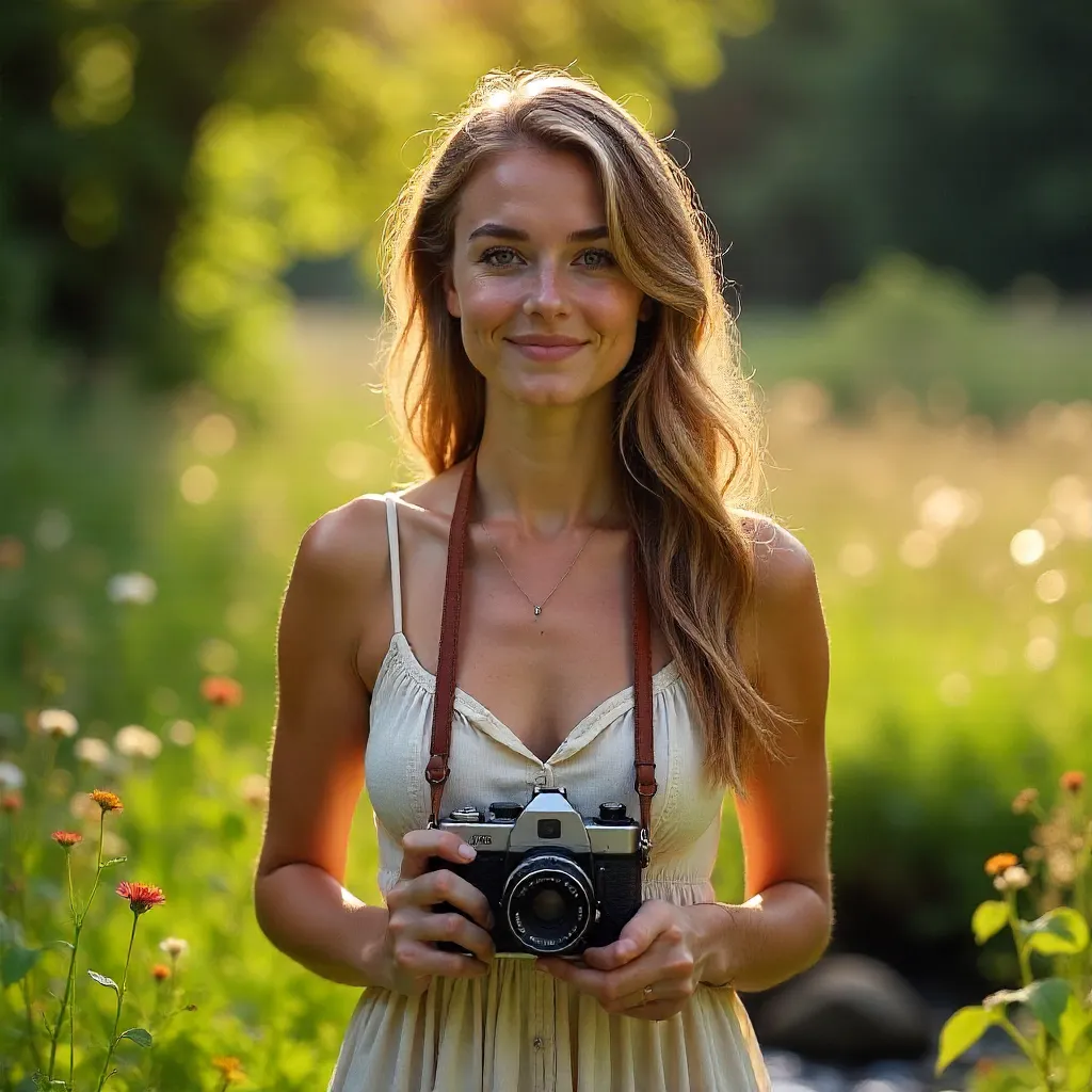 Woman with a Vintage Camera in a Sunlit Meadow