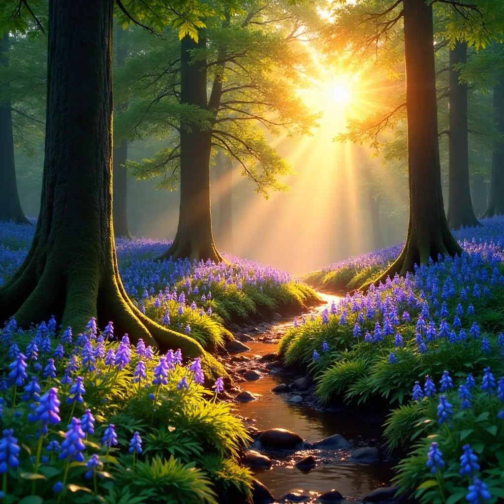 Golden Sunrise over a Bluebell Forest