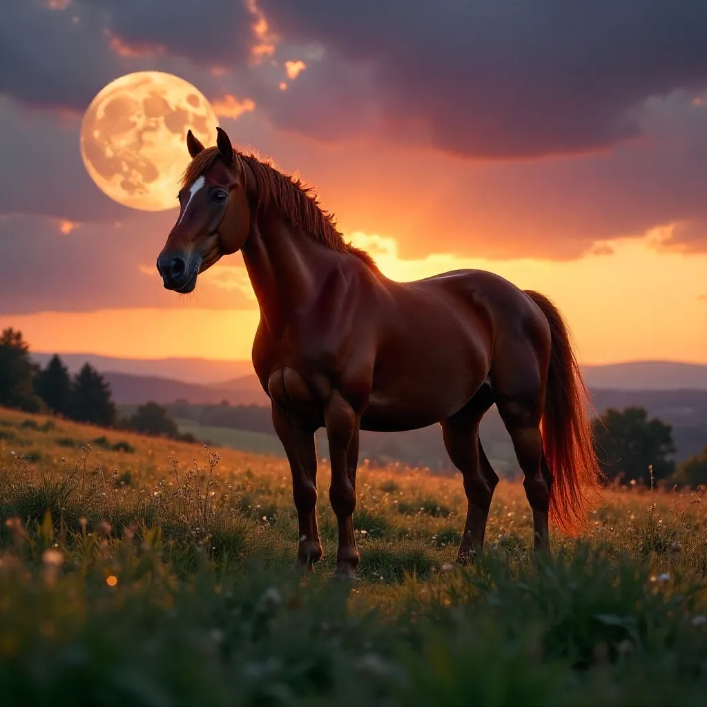 Moonlit Sunset: Graceful Horse in a Grassy Field