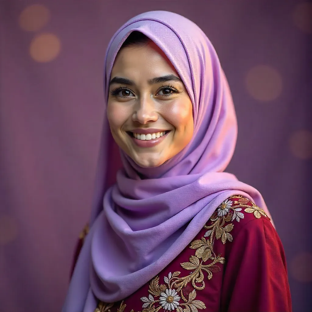 Vibrant Portrait of a Smiling Woman in Lavender Hijab