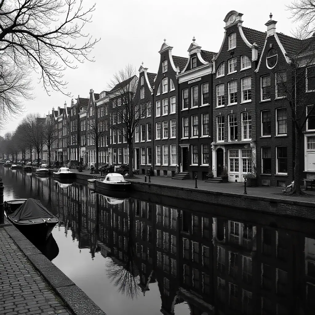 Monochrome Reflections of Amsterdam Canal Houses