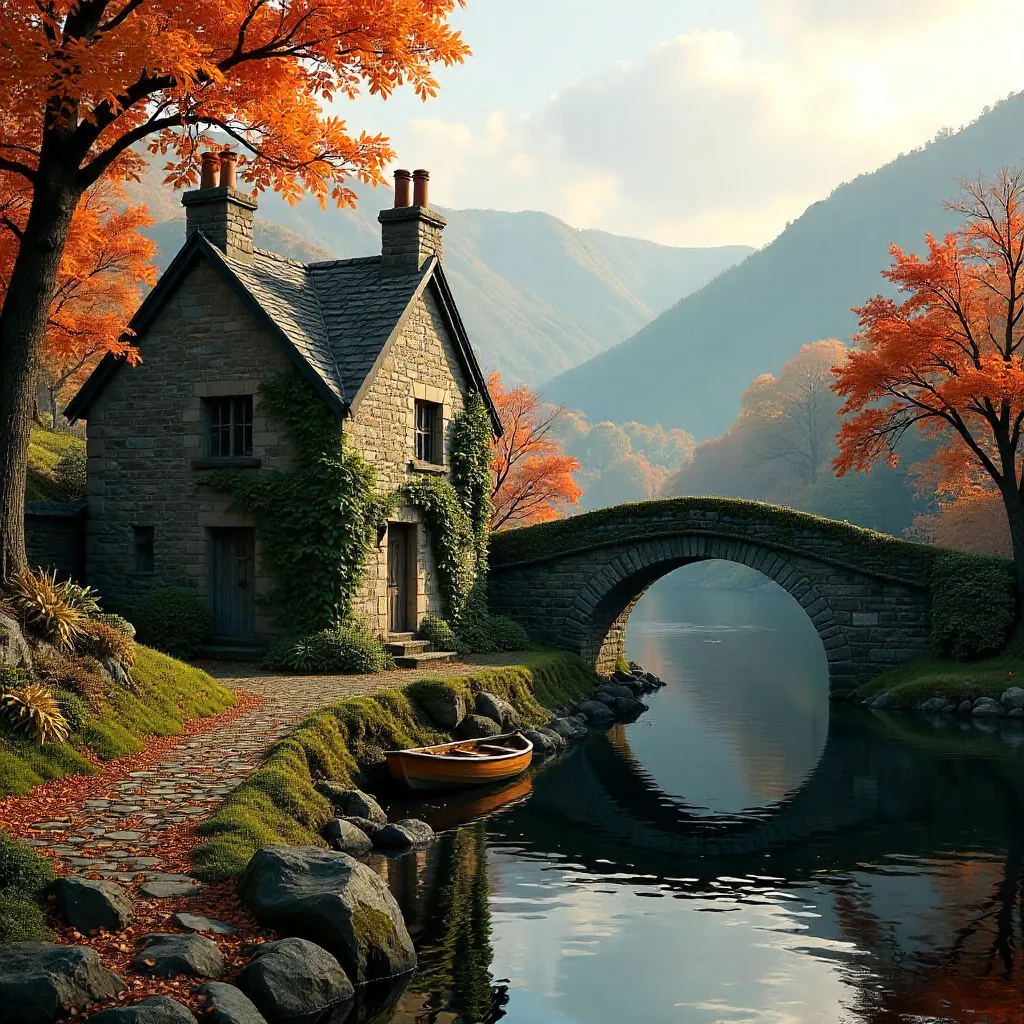 Autumn Ivy Cottage and Stone Bridge in Llanrwst, Wales