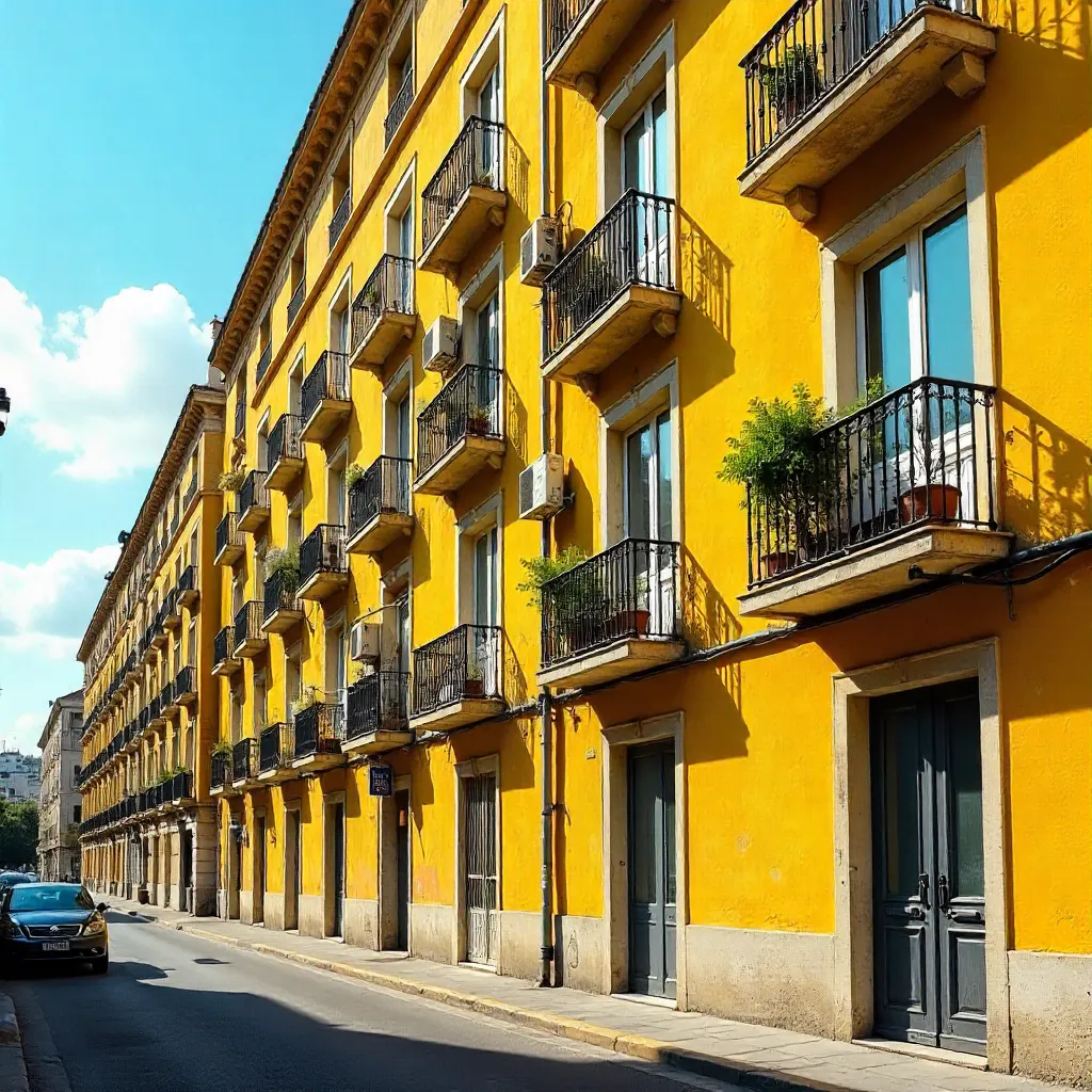 Sunlit Yellow Apartment Facade with Balconies and Windows