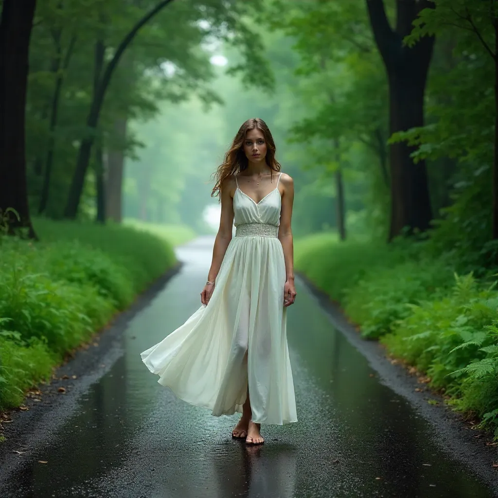White Dress on a Wet Country Road Amid Greenery