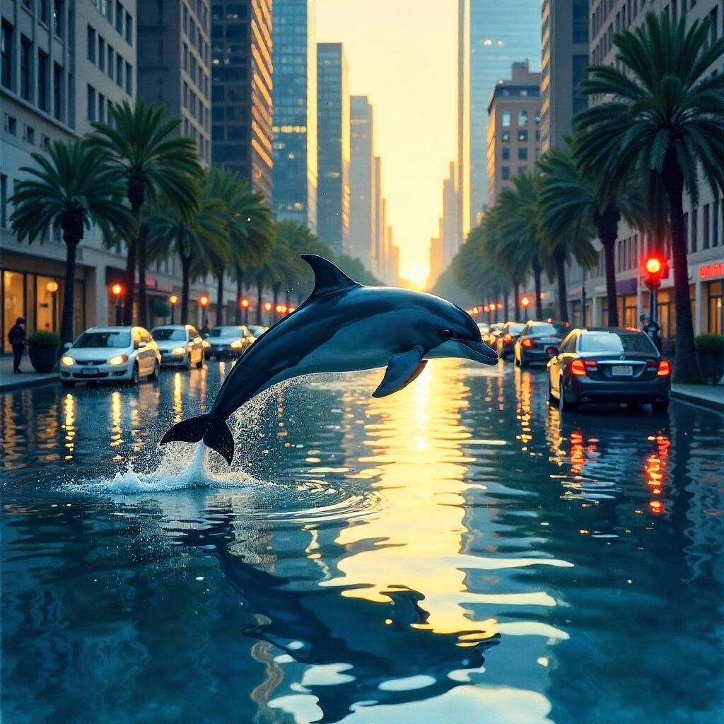 Dolphin in a Watercolor Flooded City