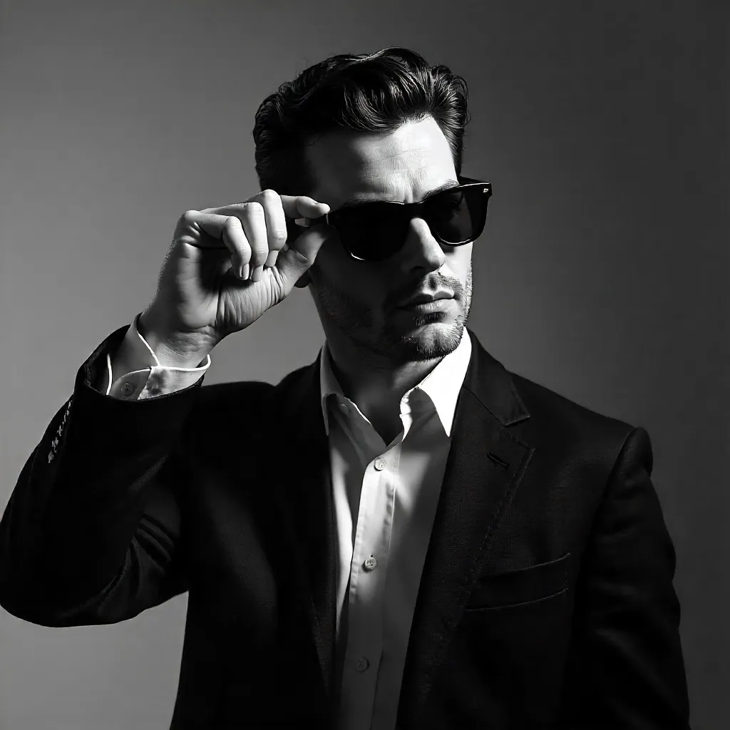 Monochrome Studio Portrait: Man Adjusting Sunglasses