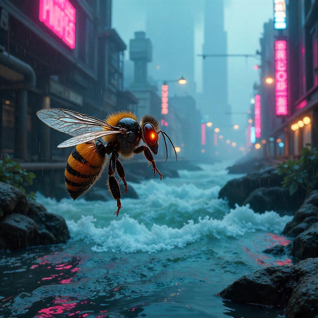 Cyberpunk Bee by the Rushing River