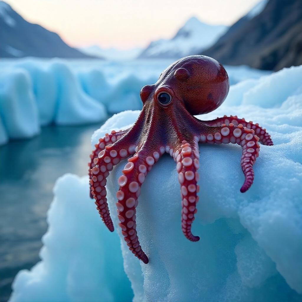 Photoreal Octopus Resting on a Glacier Under Pale Dawn Light