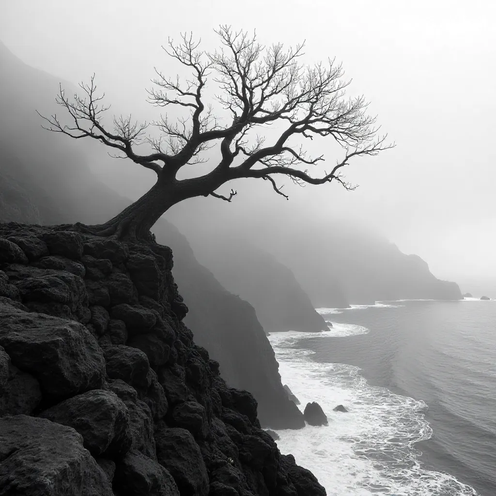 Haunting Monochrome over Madeira's Misty Cliffs