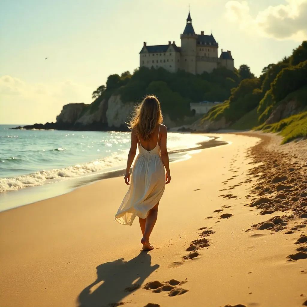 Woman on a Sandy Beach with a Castle on the Hill