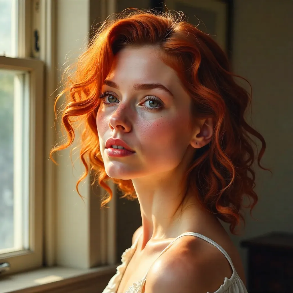 Thoughtful Portrait of a Curly Red-Haired Woman in Natural Light
