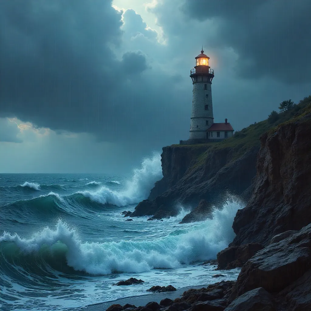 Stormy Sea and a Solitary Lighthouse