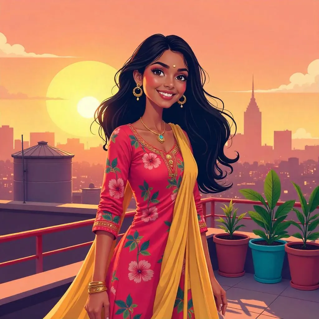 Vibrant Indian Woman on a Rooftop at Sunset