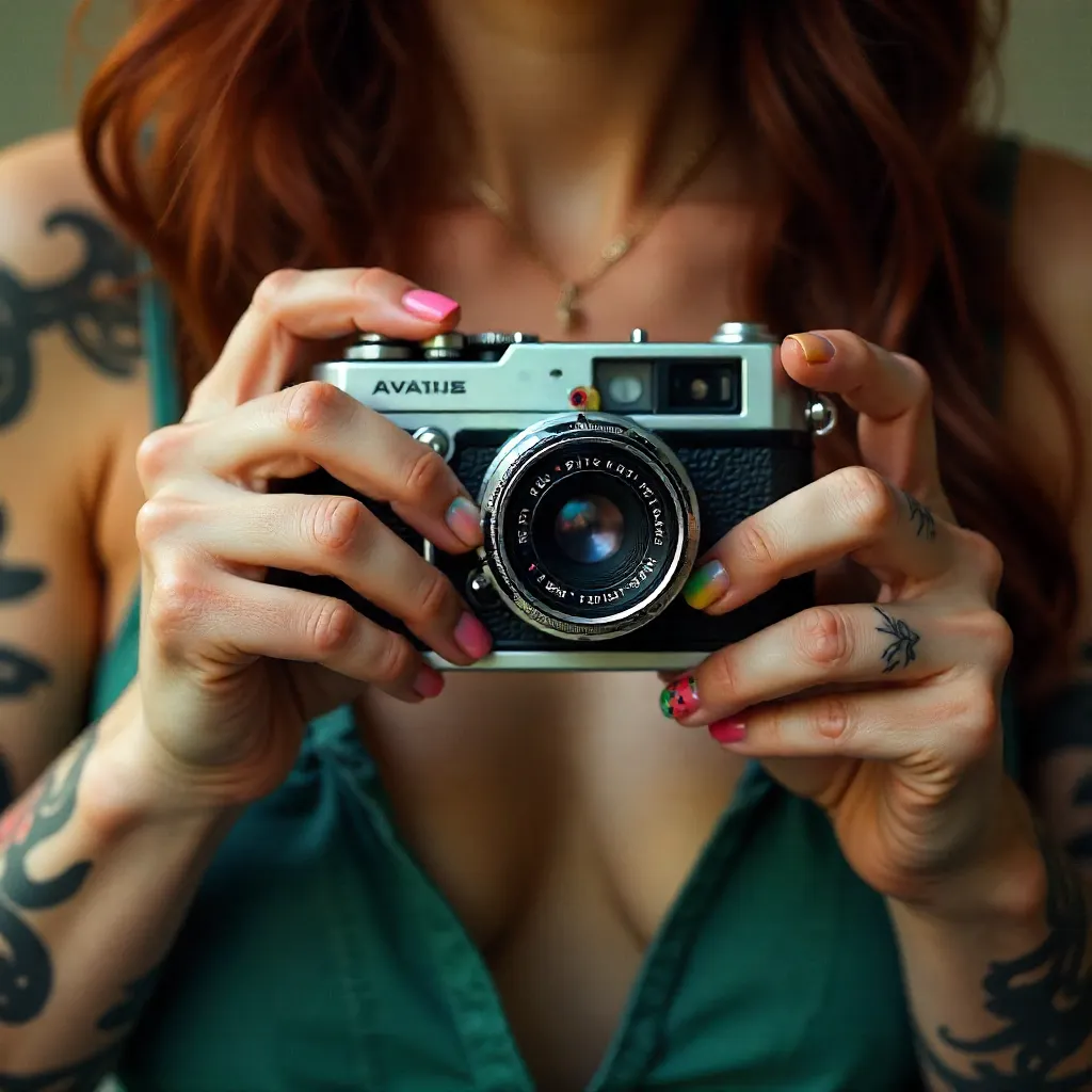 Close-Up: Woman with Vintage Camera, Tattoos, Nail Art