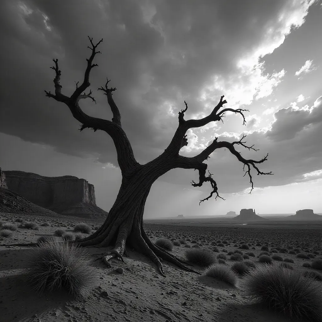 Stormy Utah Monochrome: A Dead Tree with Twisted Branches
