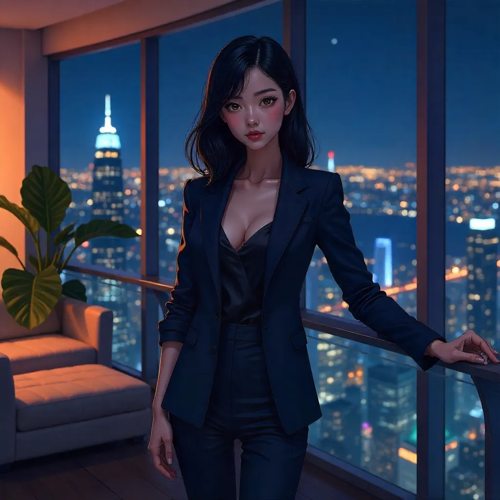 Confident Asian Woman in an Anime Penthouse