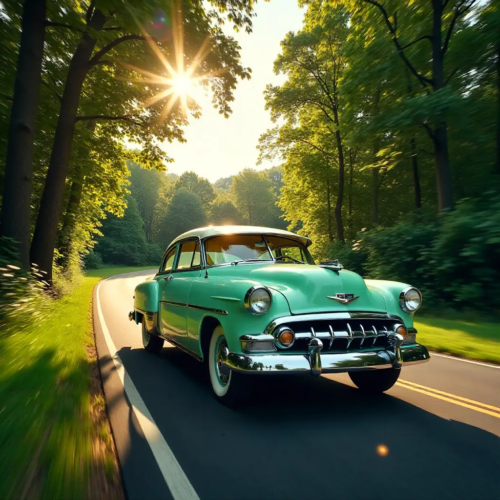 Sunlit Vintage Car on a Lush Scenic Drive