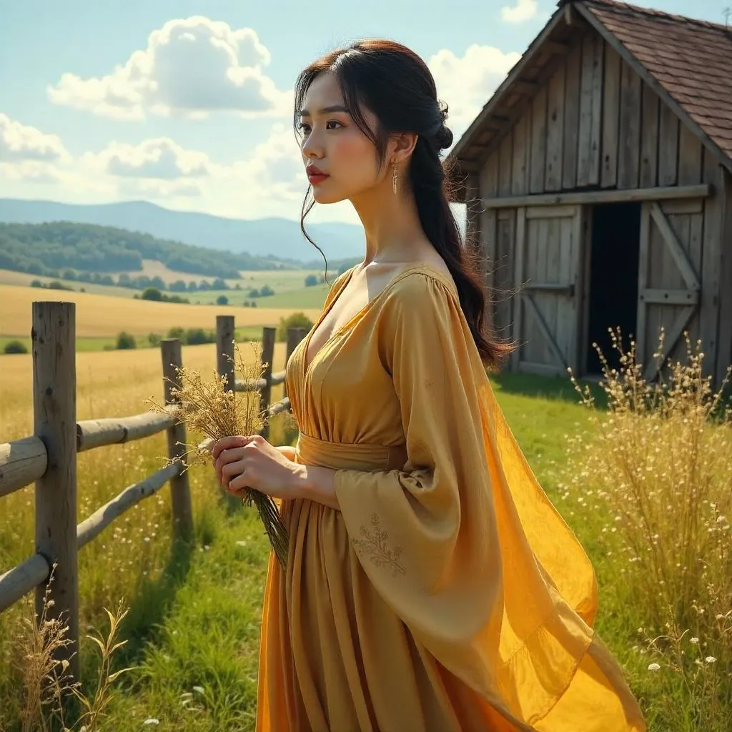 Elegant Asian Woman in an Oil Farm Portrait