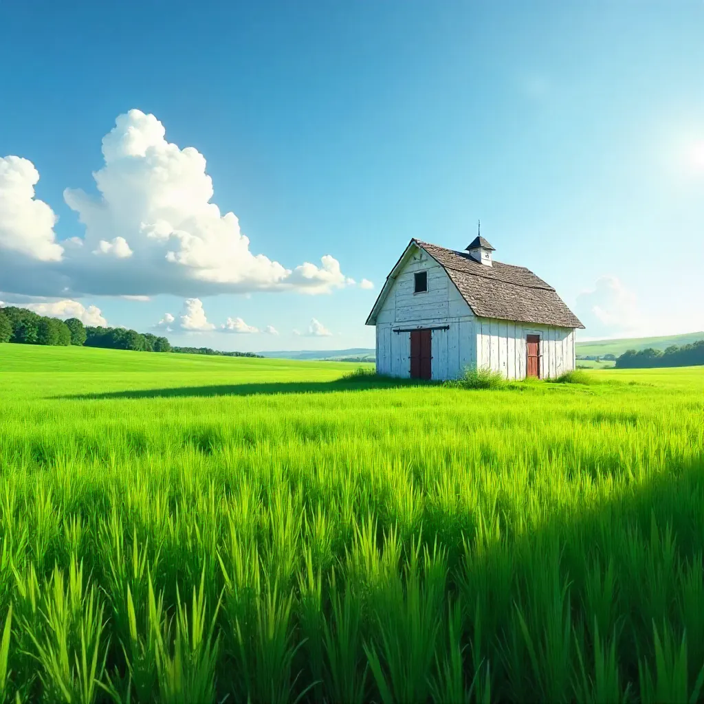 Solitary White Barn in Emerald Fields under Blue Sky
