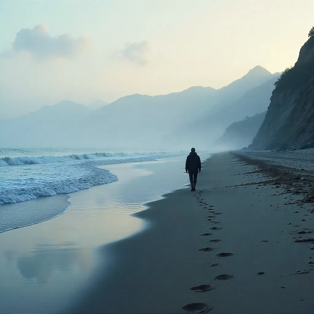 Mist-Shrouded Beach Stroll Toward Distant Peaks