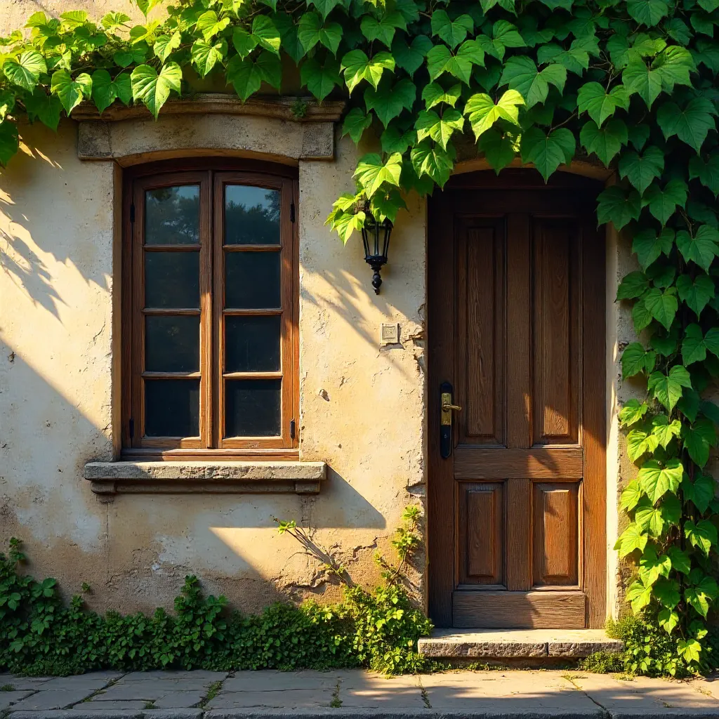 Ivy-Clad Wall with Vintage Wooden Window and Door