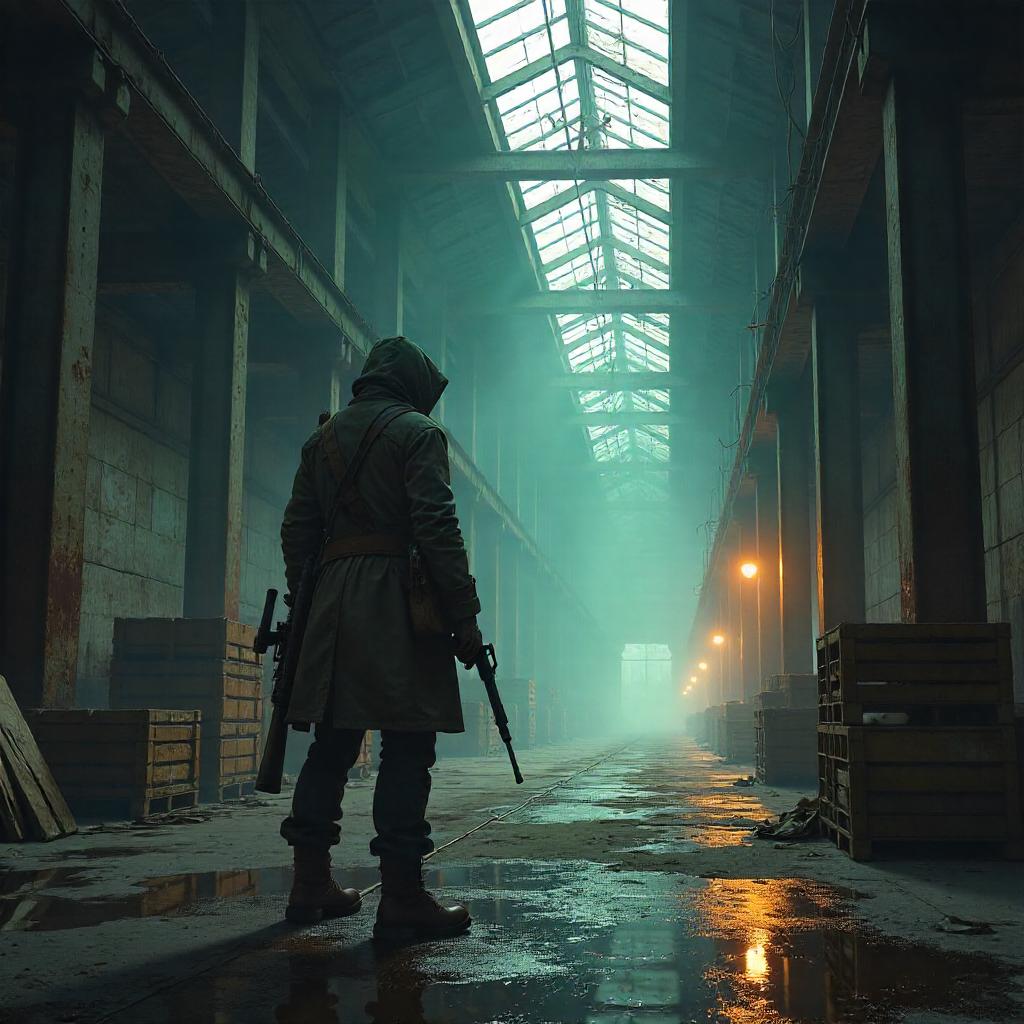 Lone Hunter in a Moody Warehouse — Concept Art