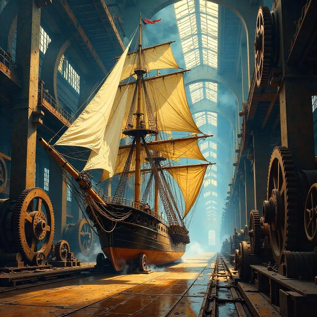 Sailing Ship in a Gear Factory - Oil Painting