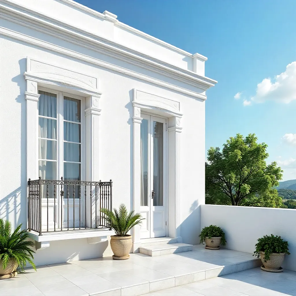 Elegant White Building with Balcony under Blue Sky