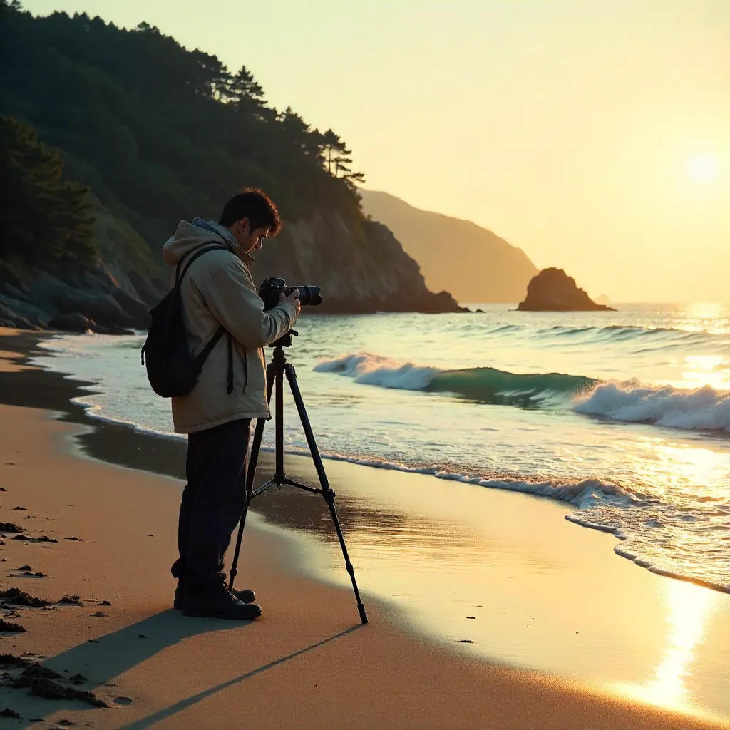 Photographer on Nishiizu Beach at Golden Hour