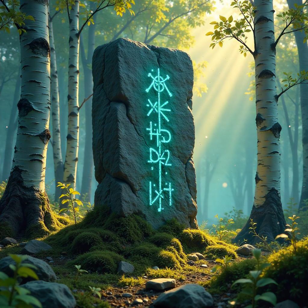 Runic Stone in a Birch Forest (Digital Art)