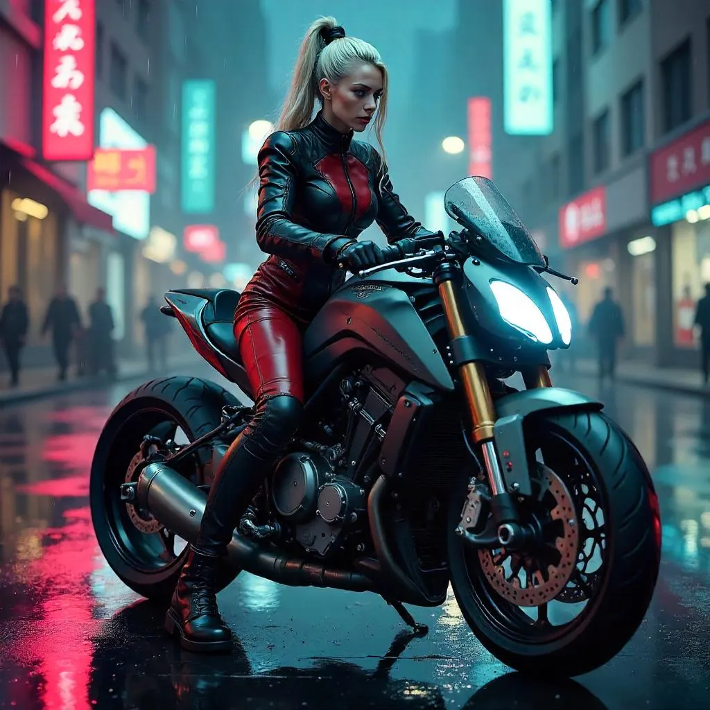Confident White Woman Rider: Futuristic Concept Art