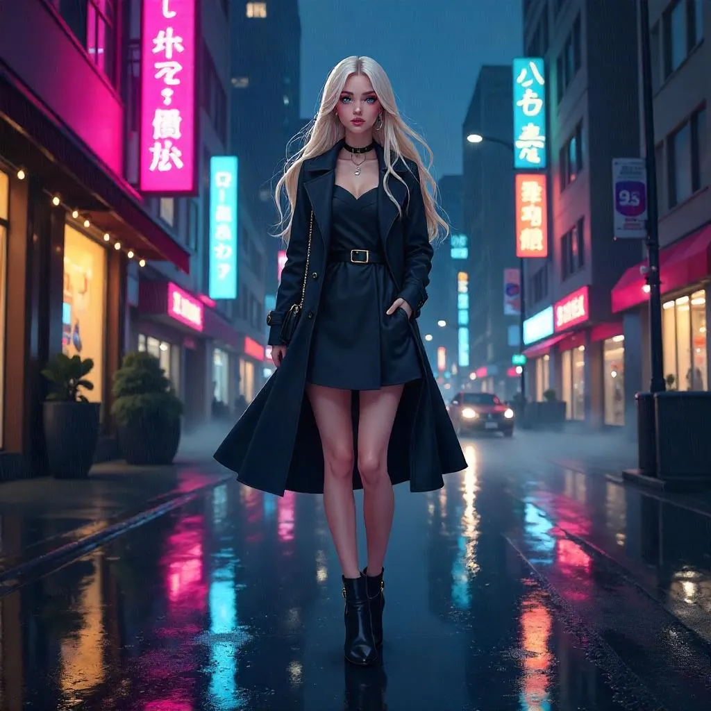 Elegant Caucasian Anime Woman in Neon City