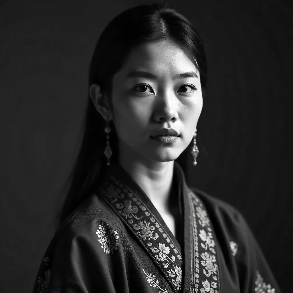 Serene Black-and-White Portrait in Traditional Attire