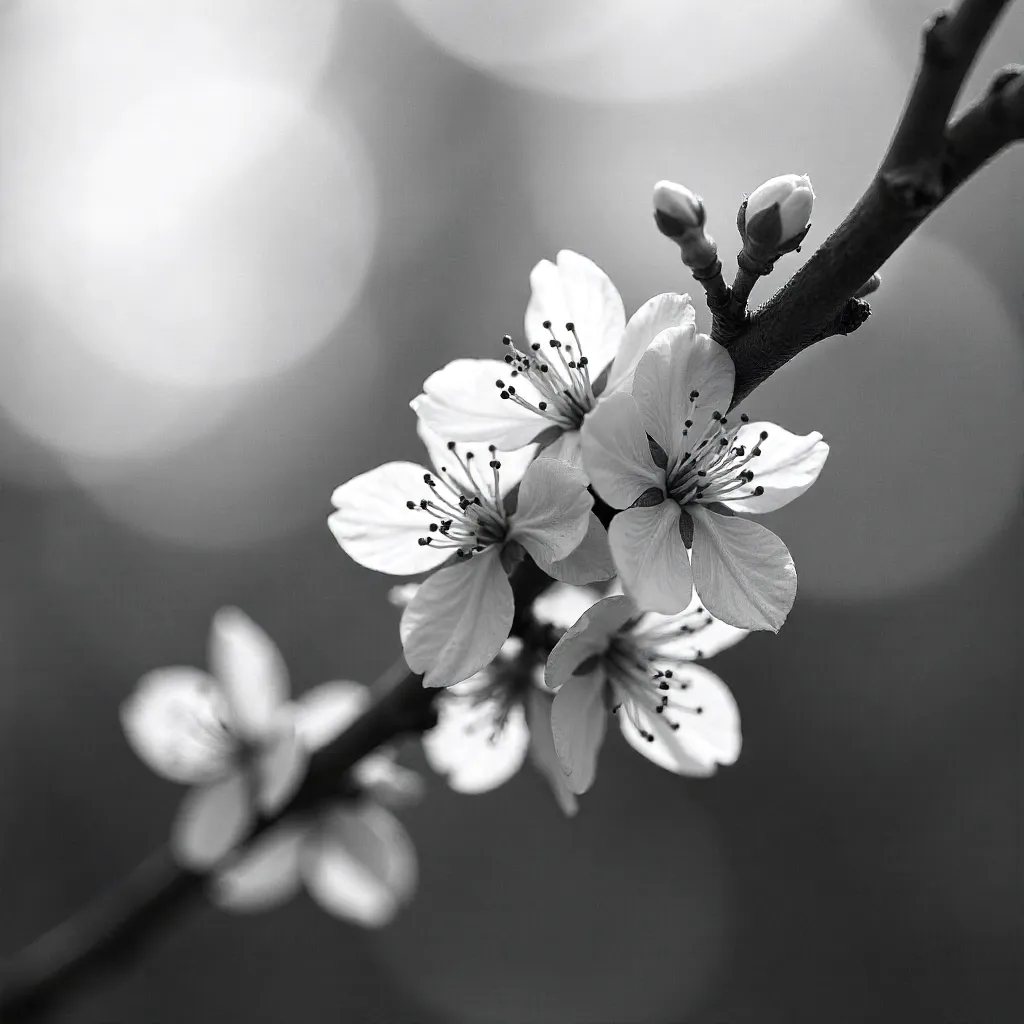 Delicate Cherry Blossoms in Monochrome with Bokeh