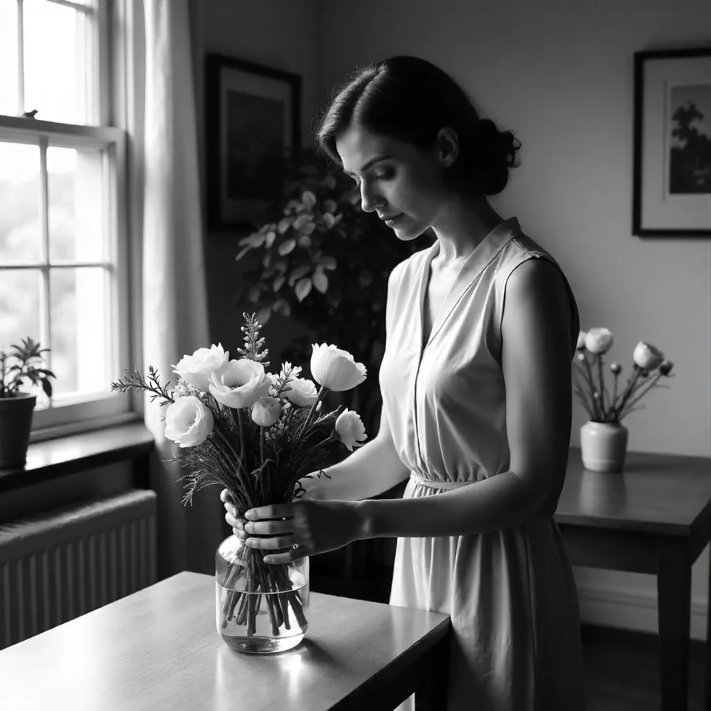 Monochrome Moment: Woman Arranging Flowers Indoors